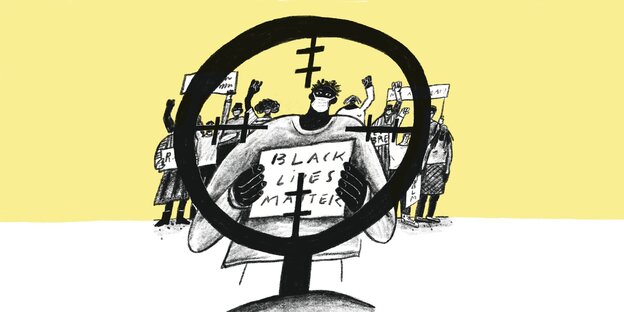 Zeichnung: Schwarze Demonstranten im Zielfernrohr