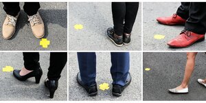 gelbe Markierungen und 6 Ausschnitte von Schuhen
