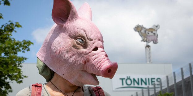 Eine Demonstrantin trägt eine Schweinemaske. Im Hintergrund Ein Haus vom betriebsgelände Tönnies.