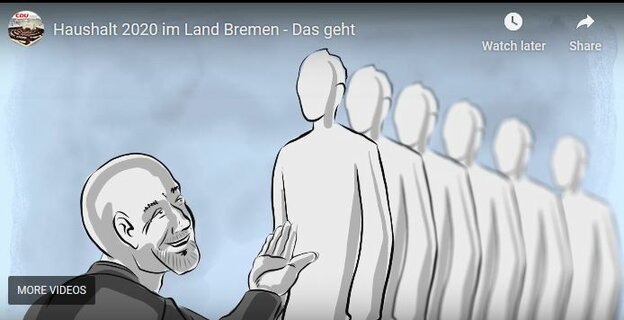 Ausschnitt aus einem Werbevideo der CDU: Als Comicfigur links am Bildrand Carsten Meyer-Heder, der die Hand aufhält, von rechts kommen gesichtslose weiße Figuren auf ihn zu.