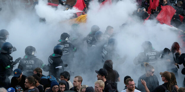 Gewusel aus PolizistInnen und DemonstrantInnen im Rauch von Pyrotechnik