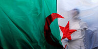 Eine Person schemenhaft hinter einer algerischen Flagge.