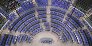 Stuhlreihen im Bundestag aus der Vogelperspektive fotografiert.