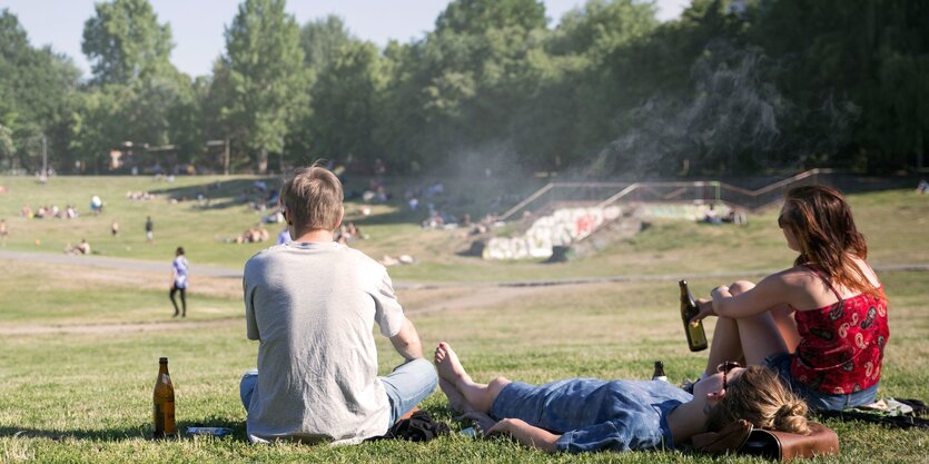 Zwei junge Frauen und ein junger Mann, fotografiert von hinten, sitzen mit einem Bier im Park