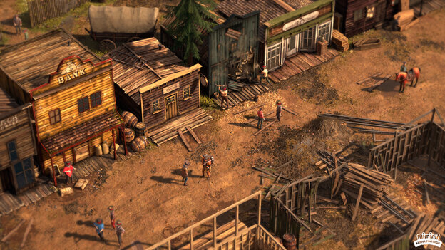 Aus der Vogelperspektive blickt man auf eine typische Westernstadt im Computerspiel Desperados 3 Aus der Vogelperspektive blickt man auf eine typische Westernstadt im Computerspiel Desperados 3