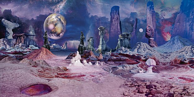 Eine Science-Fiction-Landschaft aus Kratern und Monolithen.