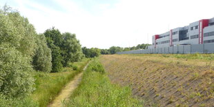 links Bäume, rechts eine Böschung, darüber ein Zaun, dahinter eine Halle