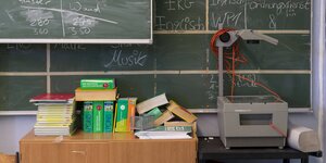 Klassenraum einer älteren Gesamtschule: Bücher liegen auf einem Lehrerpult, daneben ein tageslichtprojektor
