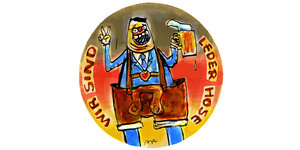 Illustration: ein Mann mit einer übergroßen Lederhose mit Hosenträgern. Mit einer Hand hebt er ein volles Bierglas hoch. In der Illu stehen die Worte: Wir sind Lederhose