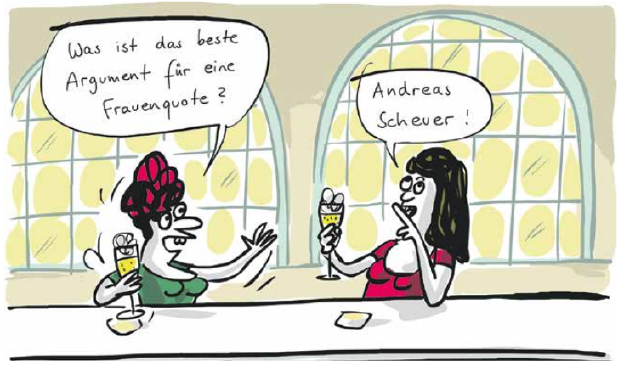Karikatur zwei Menschen unterhalten sich. Linke Sprechblase:Was ist das beste Argument für eine Frauenquote? Rechte Sprechblase: Andreas Scheuer!