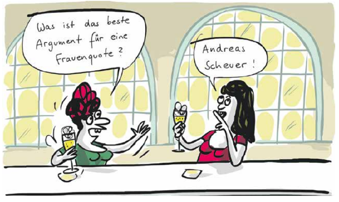 Karikatur zwei Menschen unterhalten sich. Linke Sprechblase:Was ist das beste Argument für eine Frauenquote? Rechte Sprechblase: Andreas Scheuer!