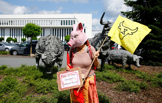 Ein Demonstrant protestiert in einem Schweine-Kostüm gegen die Bedingungen in deutschen Schlachthöfen.