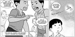 Streit zwei Jungens im Comic, wer den Amerikaner, wer den Japaner spielt.