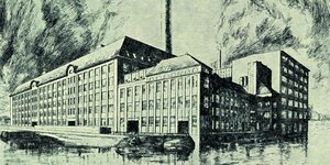 Zeichnung des Fabrikgebäudes der Berliner Plattenfirma Lindström