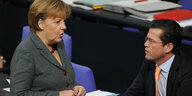 Angela Merkel und Theodor zu Guttenberg besprechen sich