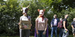 Protestierende mit Kuh- und SChweinemaske