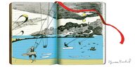 Eine Illustration auf einem Notizbuch einem Meer und Menschen die Kitesurfen
