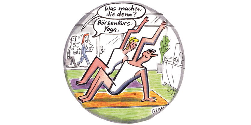 Illustration: Eine Frau und ein Mann absolvieren in weißen Sportklamotten Yogaübungen auf ihrer Yogamatte. Im Hintergrund fragt ein vorbeigehender Mann seine weibliche Begleitung, was die beiden da machen. Die Frau antwortet: Börsenkursyoga