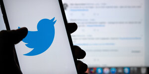 Eine Hand, die ein Smartphone hält. Auf dem Smartphone ist das Twitter-Logo zu sehen, ein blauer Vogel, der fliegt. Hinter der Hand ist ein Computer-Monitor.