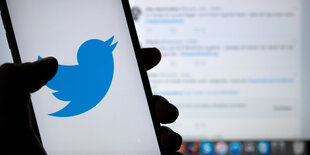 Eine Hand, die ein Smartphone hält. Auf dem Smartphone ist das Twitter-Logo zu sehen, ein blauer Vogel, der fliegt. Hinter der Hand ist ein Computer-Monitor.