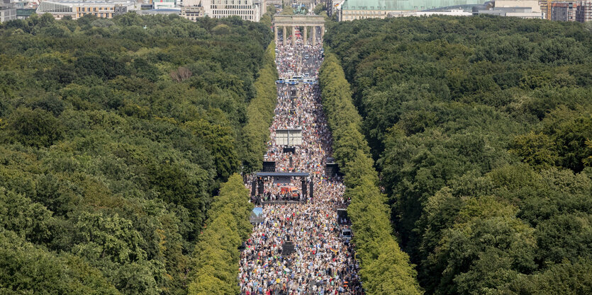 Die Menge der Demonstranten von der Spitze der Siegessäule gesehen