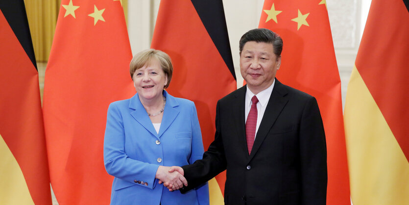 Merkel und Xi Jinping posieren vor Flaggen