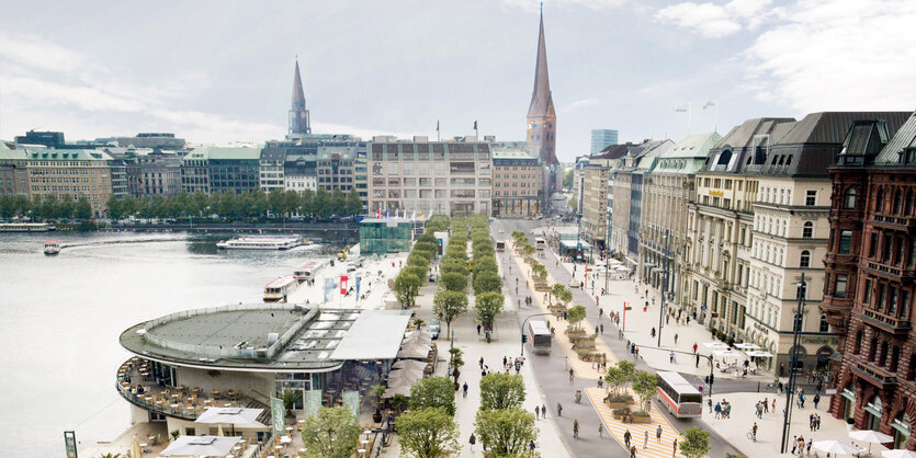 Eine Visualisierung zeigt den Jungfernstieg mit Mittelinsel zur Verkehrsberuhigung.