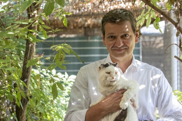 Ein Mann mit einer Katze auf dem Arm Ein Mann mit einer Katze auf dem Arm