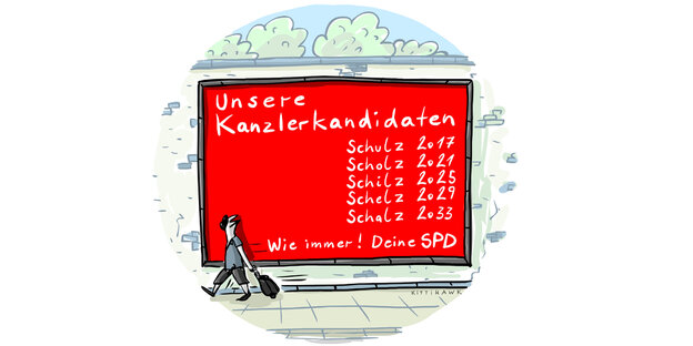 Illustration mit einer roten Anzeigetafel, darauf stehen die Namen der gewesenen und künftigen SPD-Kanzlerkandidaten: Schulz, Scholz, Schilz, Schelz und Schalz