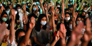 Junge Demonstrierende halten drei Finger hoch und tragen Plakate