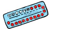 blaue Schachtel mit roten Pillen