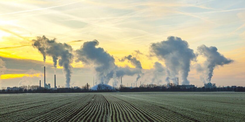 Eine Industrielandschaft am Horizont. Vorne Felder