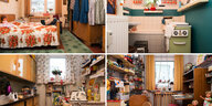 Die Kombo aus vier Bildern zeigt Schlafzimmer, Bad, Küche und Kinderzimmer der DDR-Museumswohnung des Nachbarschaftsvereins der Magdeburger Wohnungsbau Genossenschaft