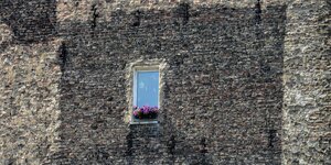 Kleines Fenster mit Blumen auf der Fensterbank - allein in einer großen Brandmauer