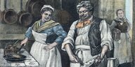 Ein Kupferstich zeigt eine Frau und einen Mann in altertümlicher Kleidung in einer Küche