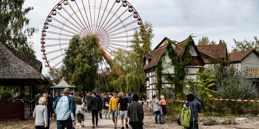 Riesenrad und viele Menschen davor bei Sonnenschein im Park