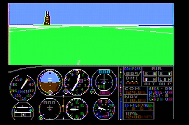 Ein Bild von 1982 zeigt das Cockpit eines Flugzeugs im ersten Microsoft Flight Simulator. Die Grafik ist sehr pixelig und grob