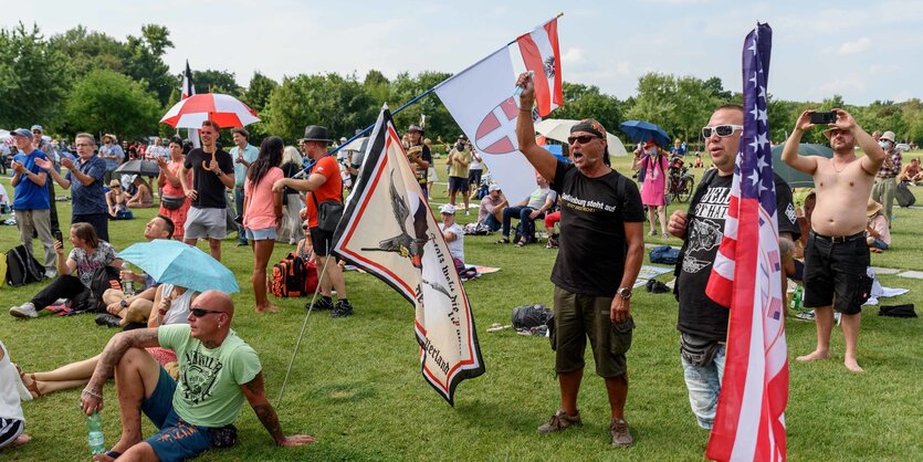 Demonstranten mit Fahnen, auch der Reichsbürgerfahne, auf einer Wiese