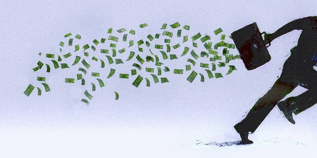 Illustration: ein Geschäftsmann rennt und Geldscheine fliegen durch die Luft