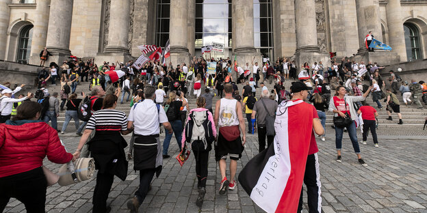Eine Gruppe von menschen auf den Stufen des Reichstags, Schwarz-Weiß-Rote Reichsfahnen werden geschwenkt