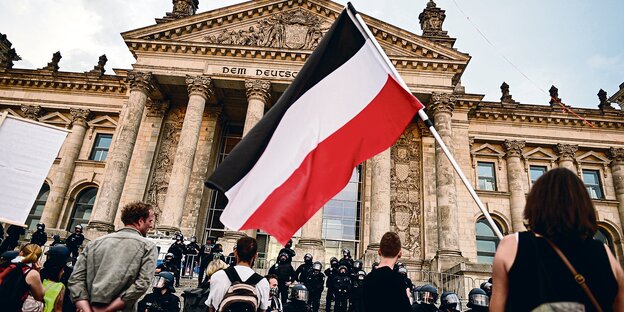 Demonstranten mit Reichsflaggen vor dem Bundestag.