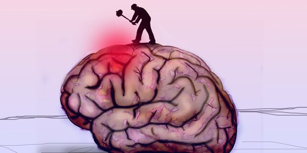 Grafische Darstellung: Auf einem Gehirn stehend schlägt ein Mann mit einem Hammer auf ein Gehirn ein