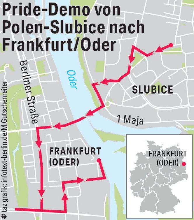 Karte mit Route von Slubice nach Frankfurt