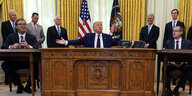 Links an einem kleinen Tisch sitzt Aleksandar Vucic. Rechts von ihm an einem großen, massiven Holzschreibtisch sitzt Donald Trump und breitet die Arme aus. Rechts von Trump ebenfalls an einem kleinen Tisch sitzt Avdullah Hoti. Hinter ihnen sind Fahnen.