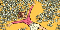 Comiczeichnung einer Frau, die auf einem mit Geldscheinen bedeckten Boden liegt