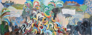 Ein Gemälde mit Bergen, Pflanzen und bunten Bananen der Künstlerin Sol Calero