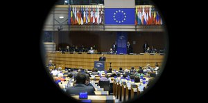 Blick auf den Plenarsaal des EU-Parlaments durch ein rundes Fenster