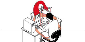 Illustration: Ein Mann sitzt an einem Schreibtisch, eine rote Hand ragt aus dem Bildschirm und hält wie ein Marionettenspieler das Kreuz über dem Kopf des Mannes