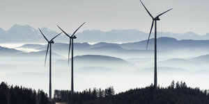 Drei Windkrafträder vor Alpenpanorama im Gegenlicht