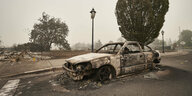 Ein ausgebranntes Auto steht auf einer leeren Straße in der Stadt Talent in Oregon, USA. Im Hintergrund zwei Bäume und eine Straßenlaterne.